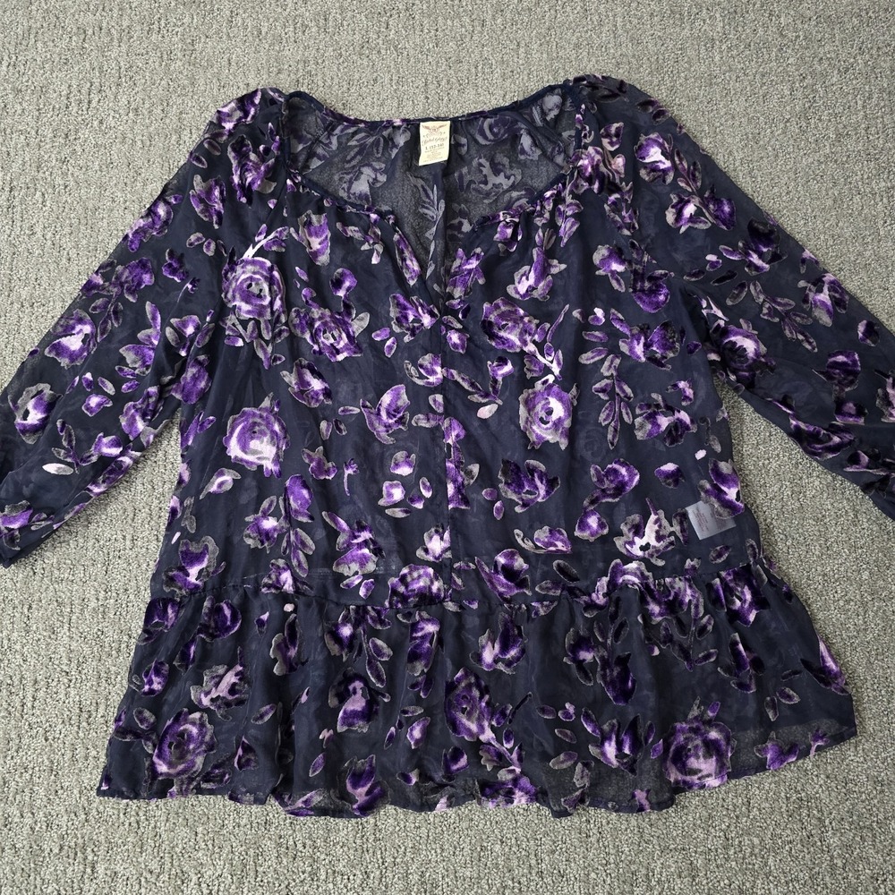 Black Sheer Burnout  Purple‎ Velvet Floral Peplum Top Goth Fairy Grunge Size L